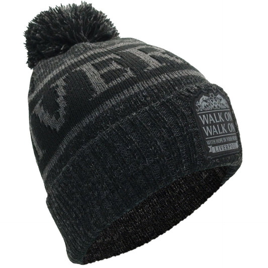 Liverpool Bobble Hat Black & Grey Patch Logo