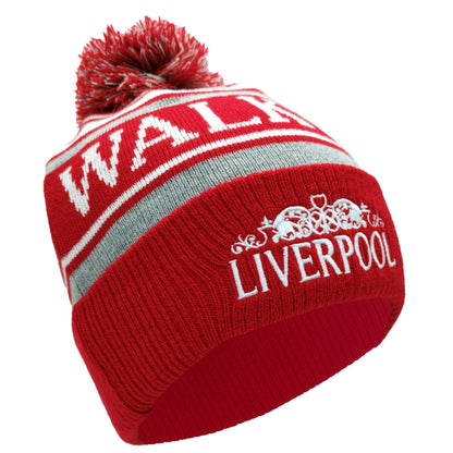 Red, White & Grey Liverpool Bobble Hat Walk On Embroidered Ribbed Cuff