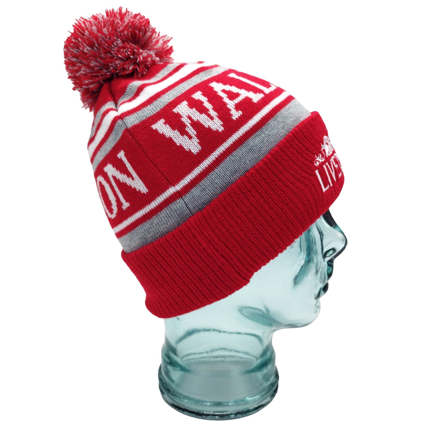 Red, White & Grey Liverpool Bobble Hat Walk On Embroidered Ribbed Cuff