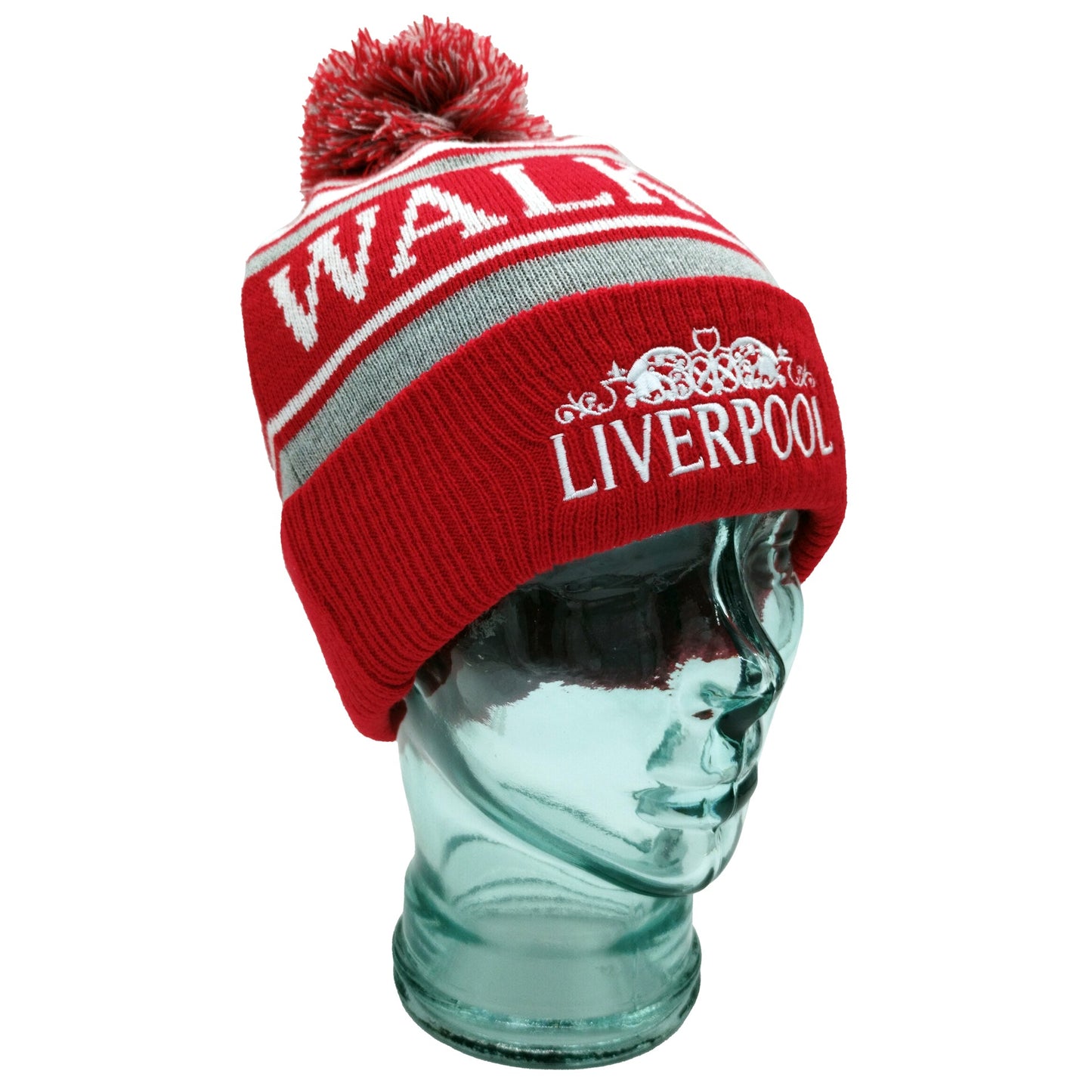 Red, White & Grey Liverpool Bobble Hat Walk On Embroidered Ribbed Cuff