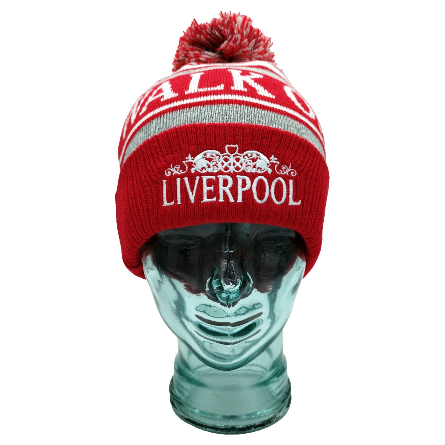 Red, White & Grey Liverpool Bobble Hat Walk On Embroidered Ribbed Cuff