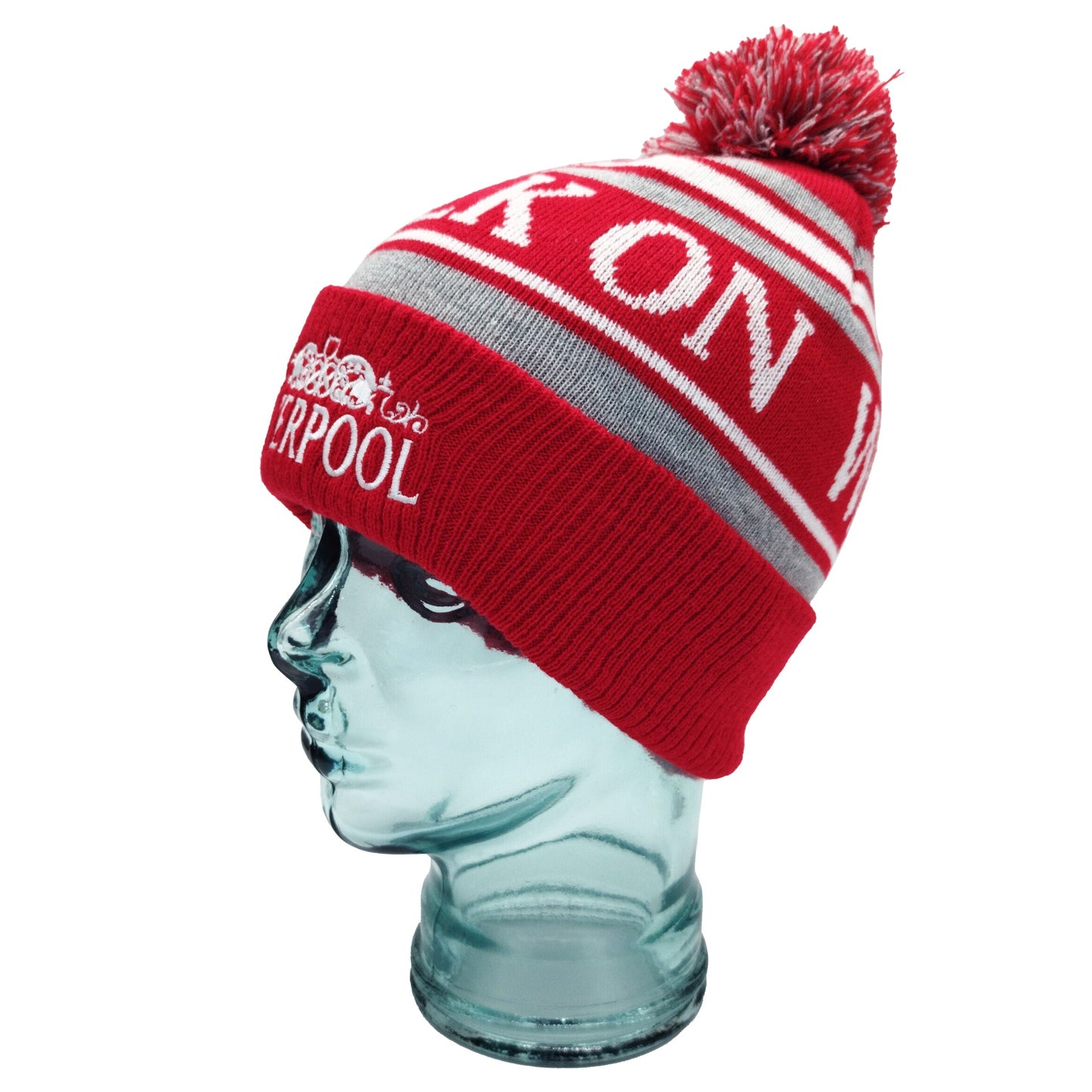 Red, White & Grey Liverpool Bobble Hat Walk On Embroidered Ribbed Cuff