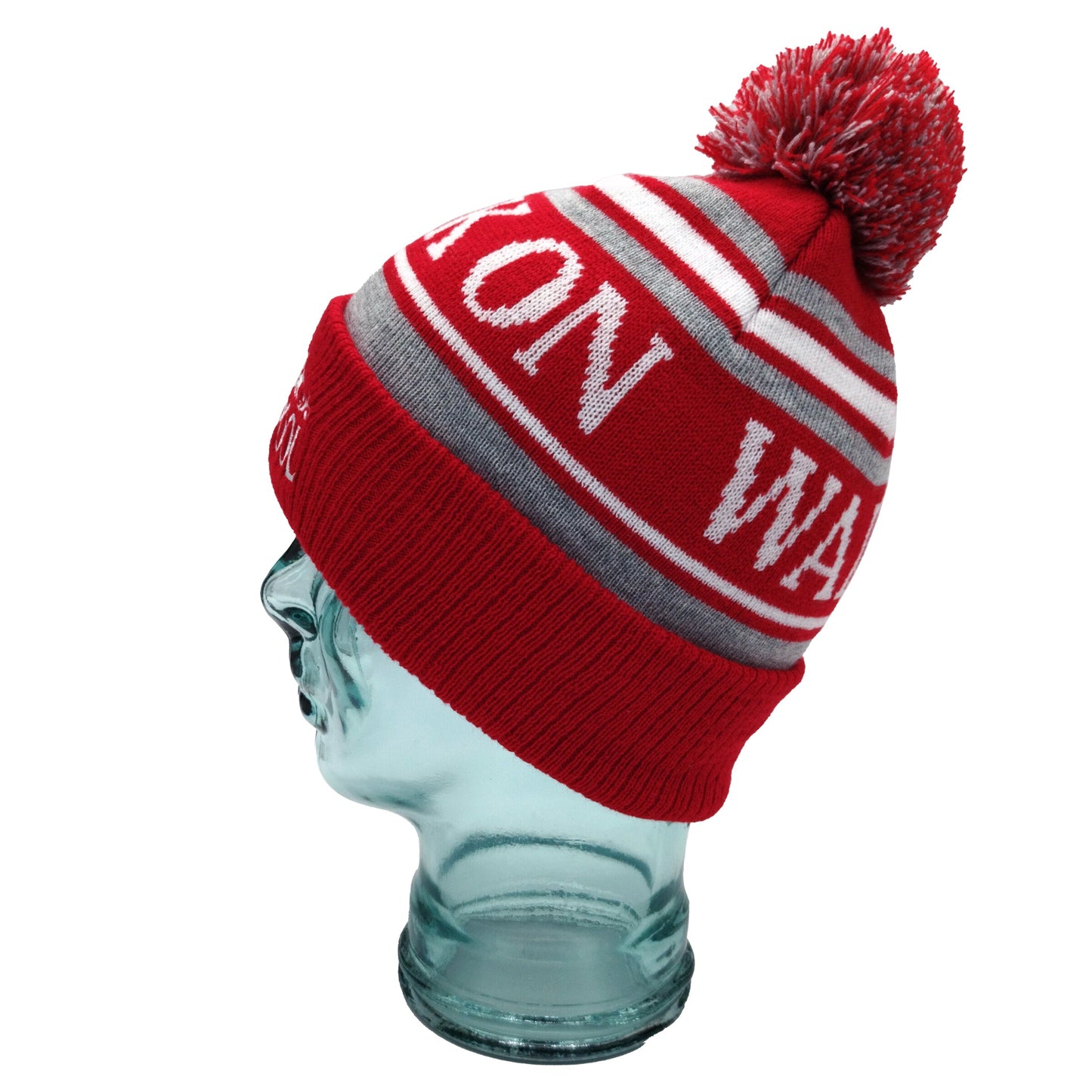 Red, White & Grey Liverpool Bobble Hat Walk On Embroidered Ribbed Cuff