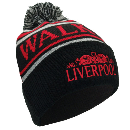 Black, Red & Grey Liverpool Bobble Hat Walk On Embroidered Ribbed Cuff