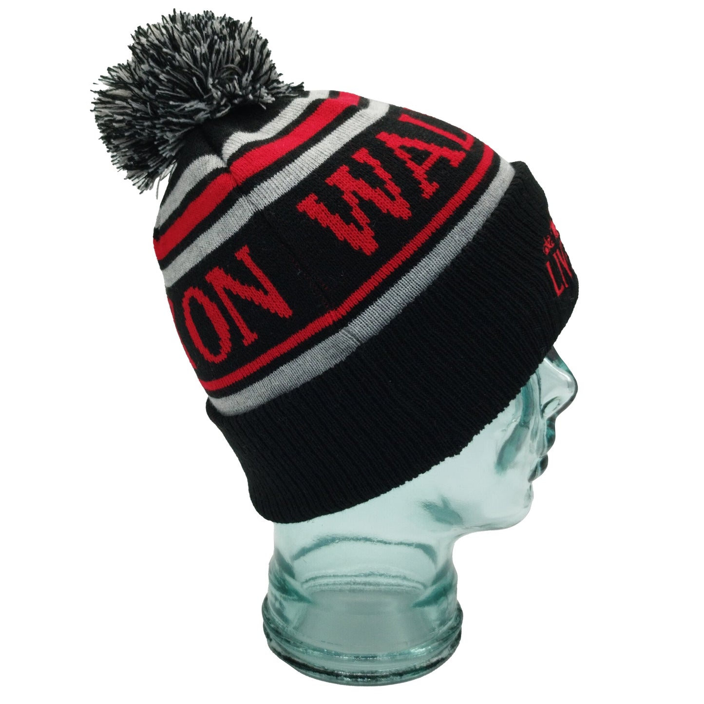 Black, Red & Grey Liverpool Bobble Hat Walk On Embroidered Ribbed Cuff