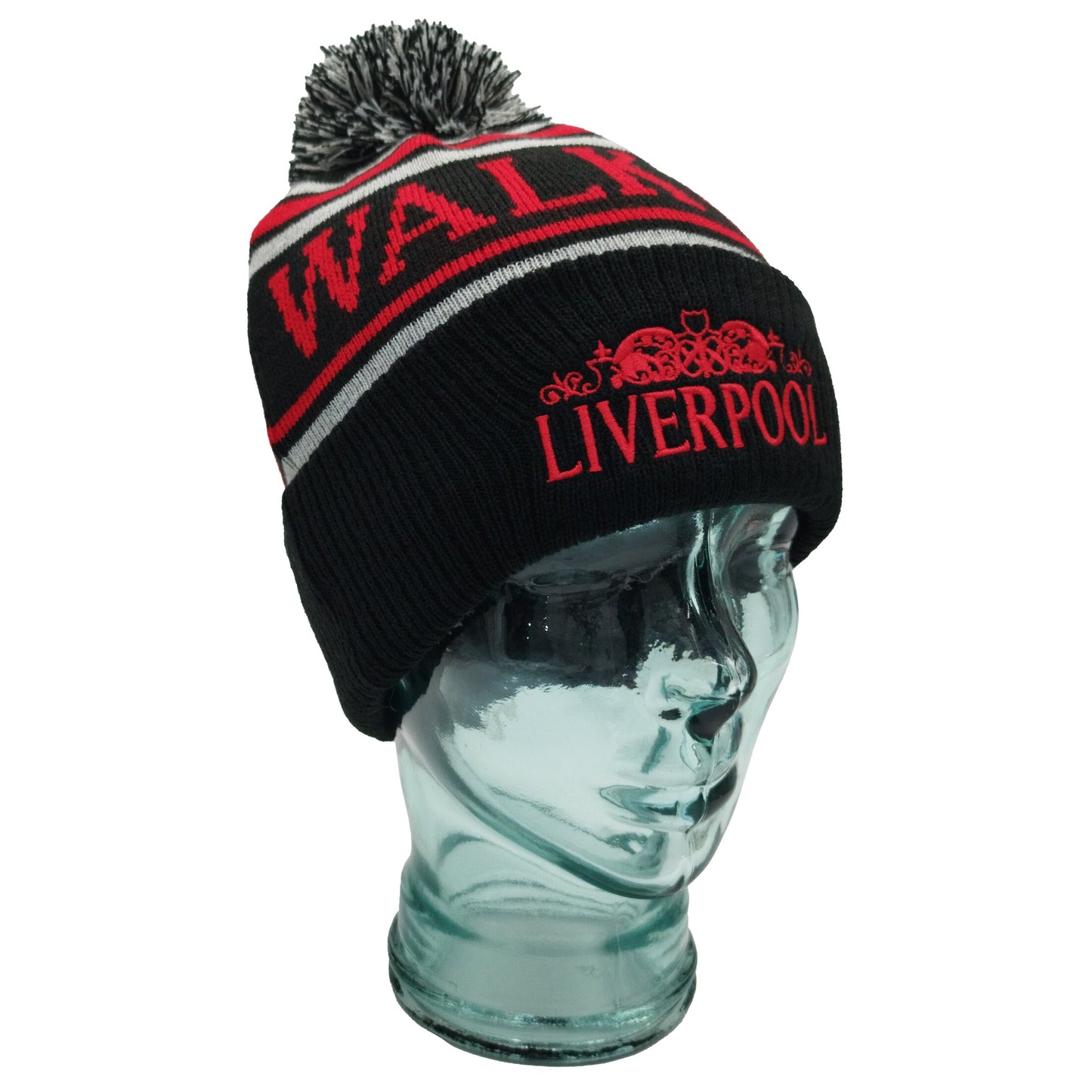 Black, Red & Grey Liverpool Bobble Hat Walk On Embroidered Ribbed Cuff