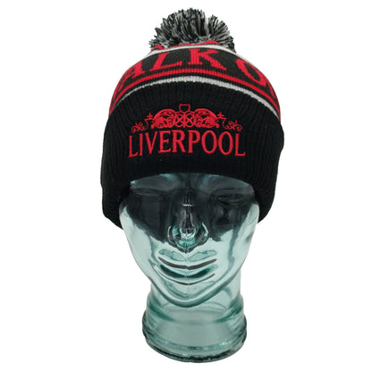 Black, Red & Grey Liverpool Bobble Hat Walk On Embroidered Ribbed Cuff