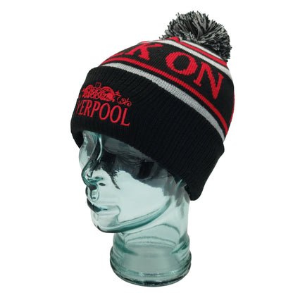 Black, Red & Grey Liverpool Bobble Hat Walk On Embroidered Ribbed Cuff