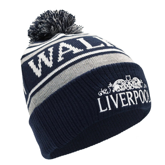 Navy, White, Grey Liverpool Bobble Hat Walk On Embroidered Ribbed Cuff