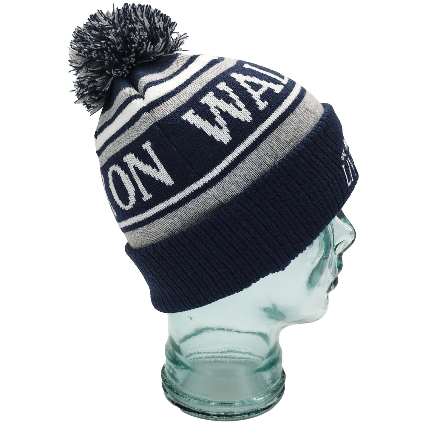 Navy, White, Grey Liverpool Bobble Hat Walk On Embroidered Ribbed Cuff