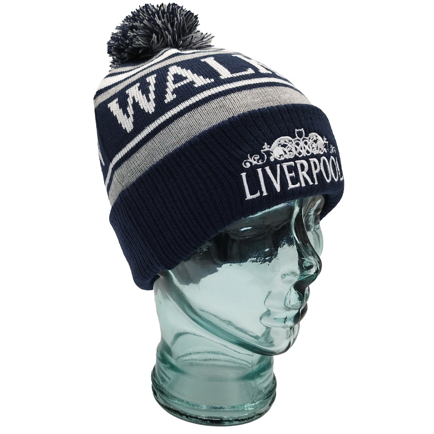 Navy, White, Grey Liverpool Bobble Hat Walk On Embroidered Ribbed Cuff