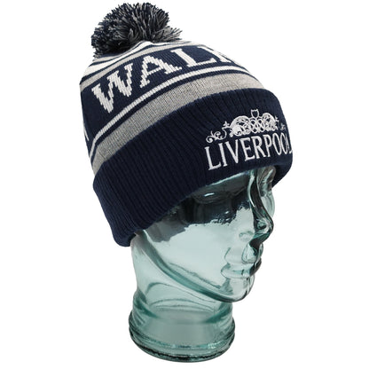 Navy, White, Grey Liverpool Bobble Hat Walk On Embroidered Ribbed Cuff