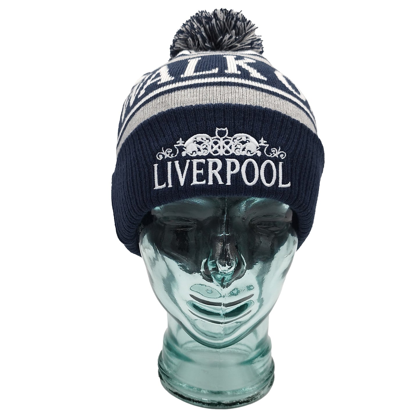 Navy, White, Grey Liverpool Bobble Hat Walk On Embroidered Ribbed Cuff