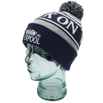 Navy, White, Grey Liverpool Bobble Hat Walk On Embroidered Ribbed Cuff