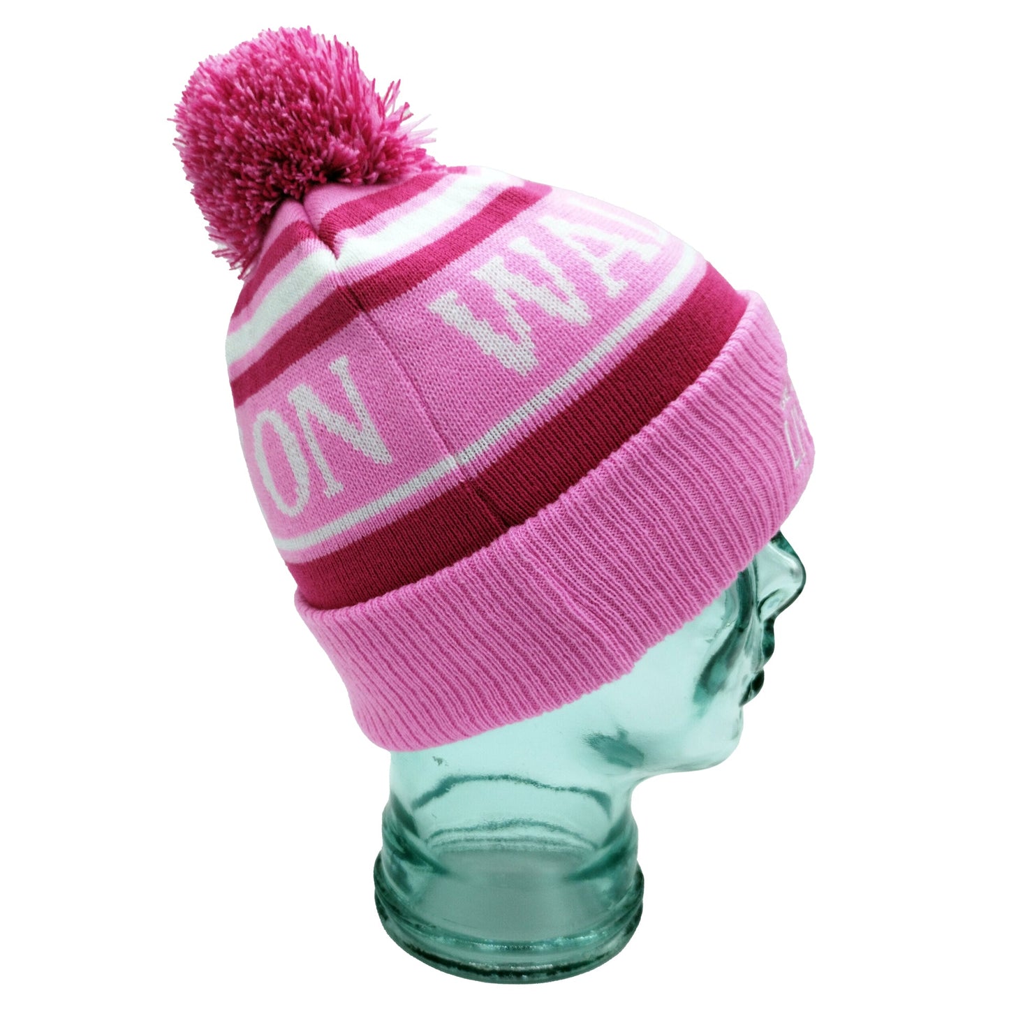 Pink, Magenta & White Liverpool Bobble Hat Walk On Embroidered Ribbed Cuff