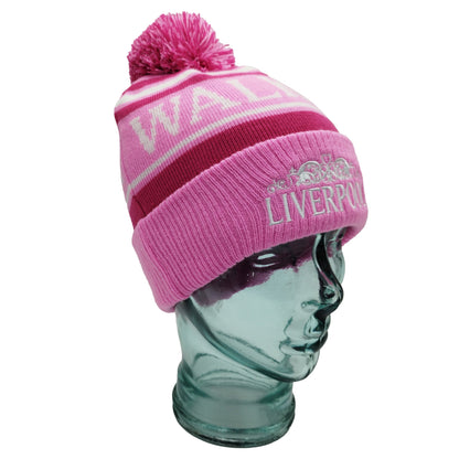 Pink, Magenta & White Liverpool Bobble Hat Walk On Embroidered Ribbed Cuff