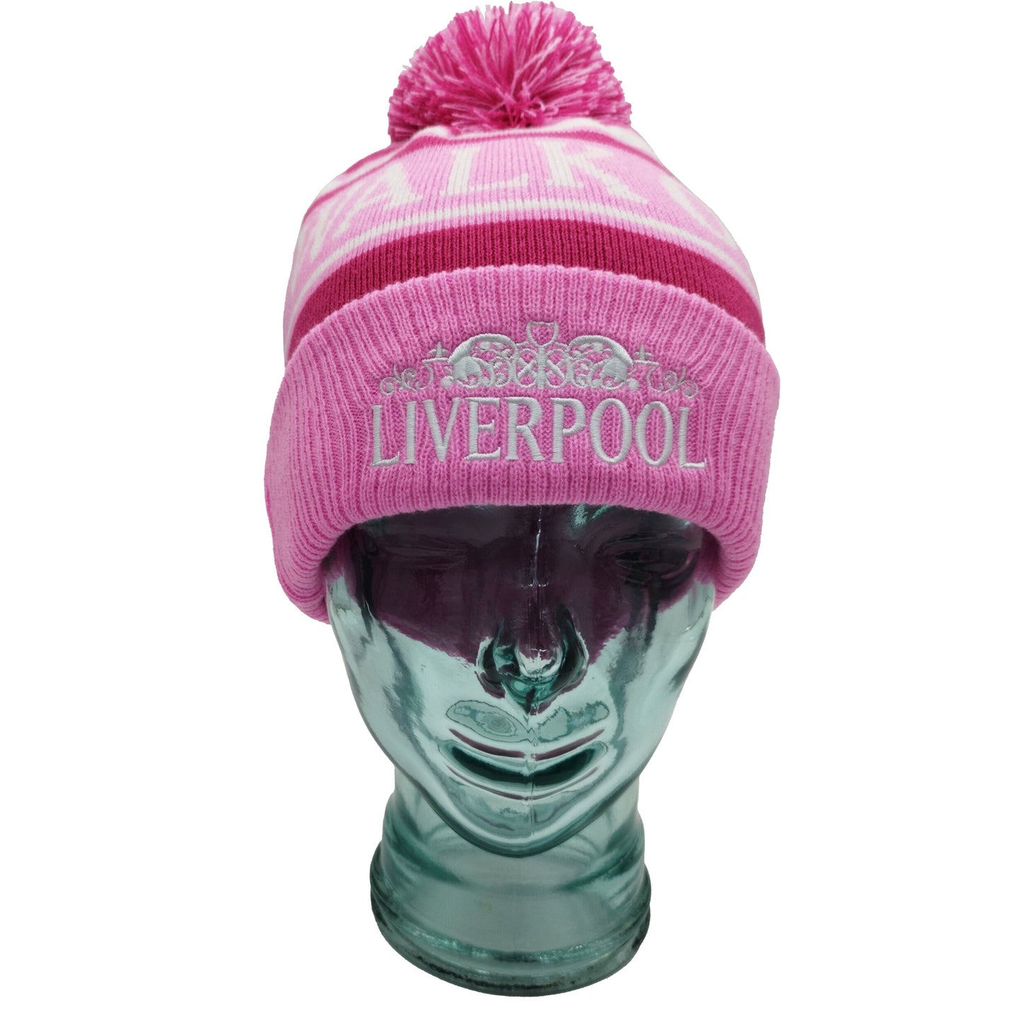 Pink, Magenta & White Liverpool Bobble Hat Walk On Embroidered Ribbed Cuff
