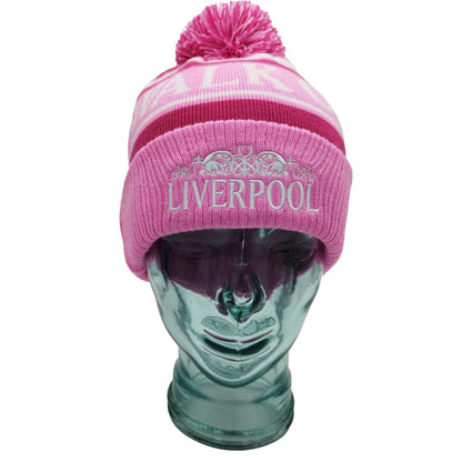 Pink, Magenta & White Liverpool Bobble Hat Walk On Embroidered Ribbed Cuff