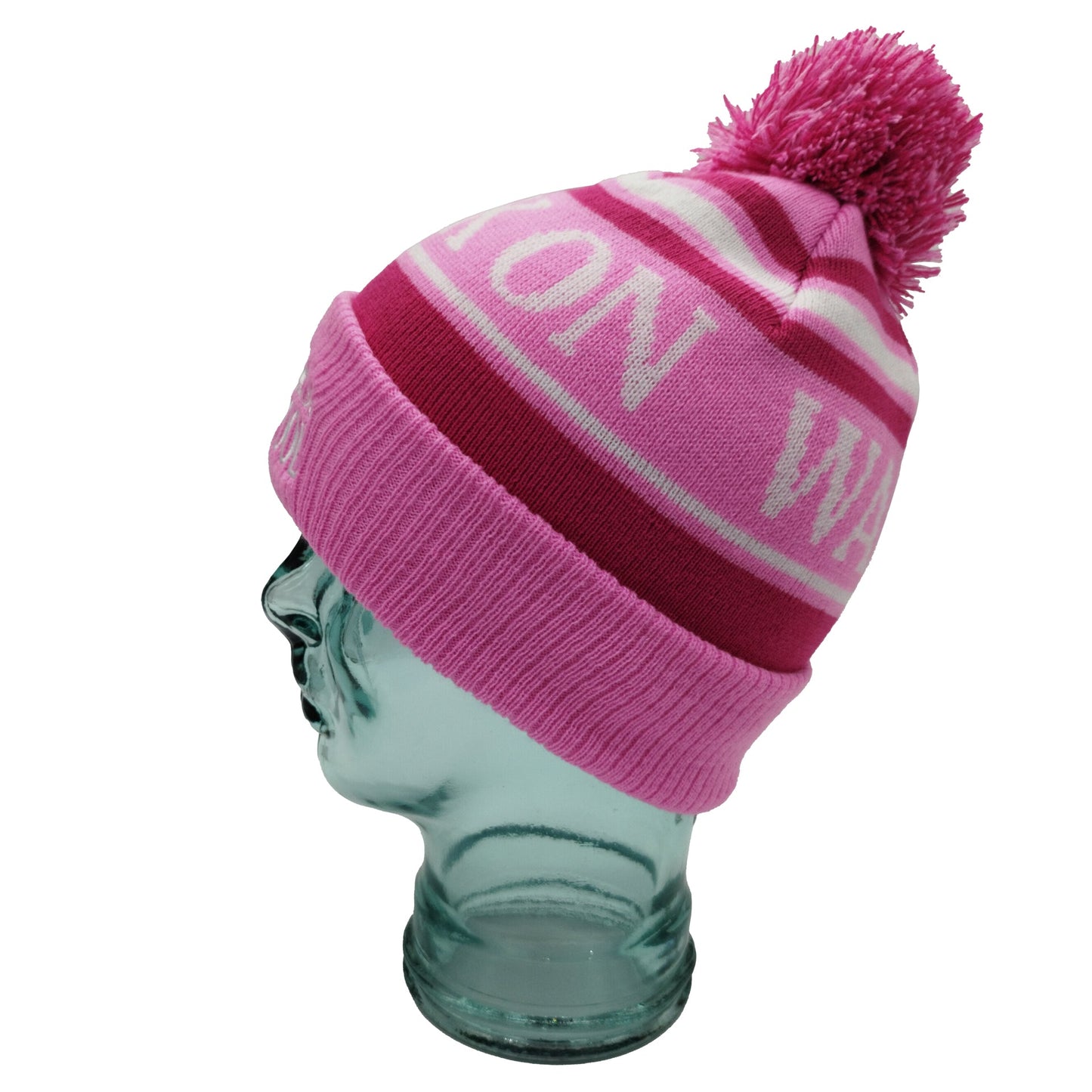 Pink, Magenta & White Liverpool Bobble Hat Walk On Embroidered Ribbed Cuff