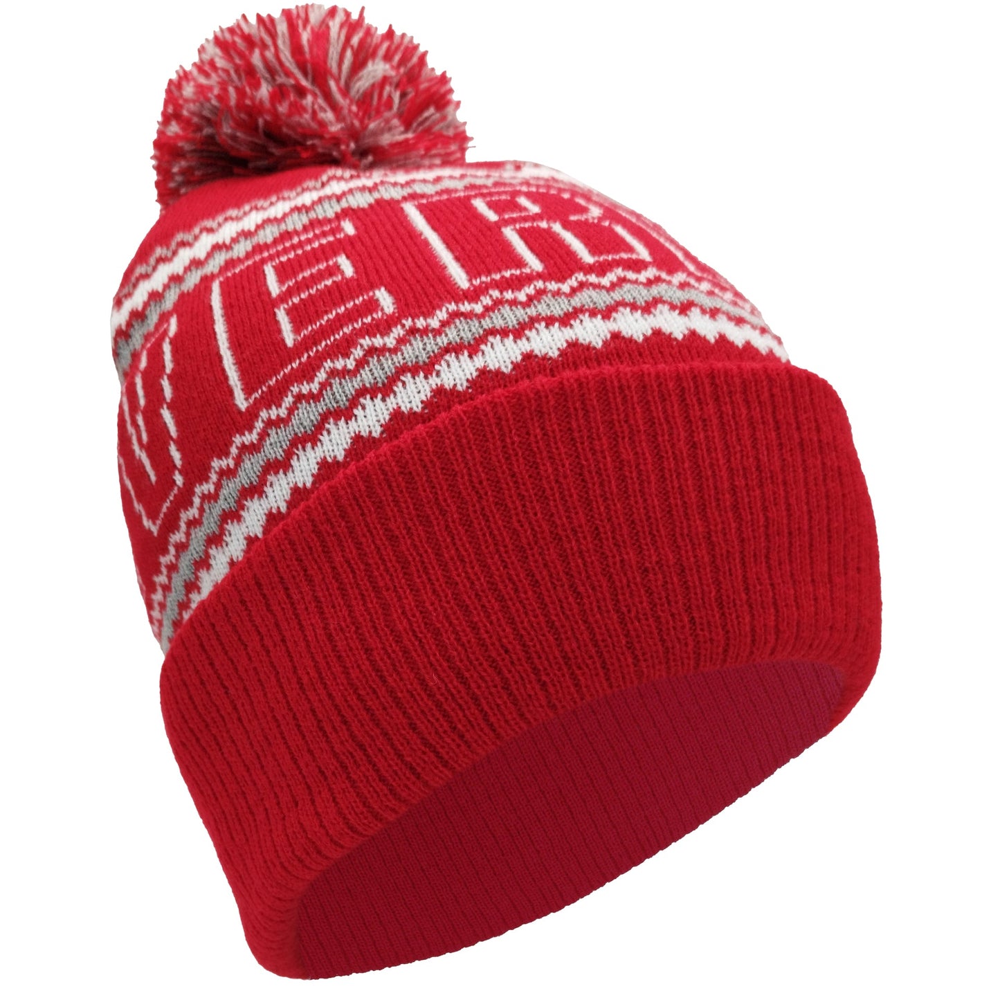 Red, White & Grey Liverpool Outline Bobble Hat Ribbed Cuff