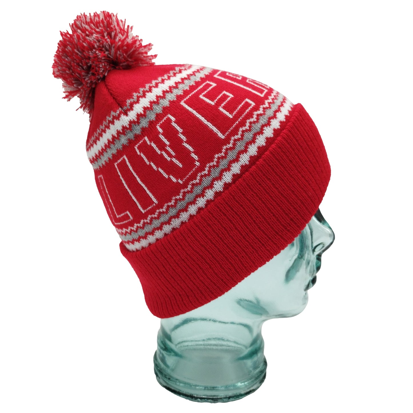 Red, White & Grey Liverpool Outline Bobble Hat Ribbed Cuff