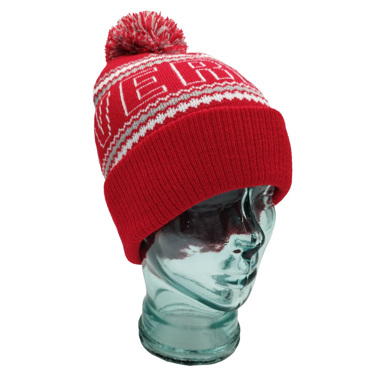 Red, White & Grey Liverpool Outline Bobble Hat Ribbed Cuff