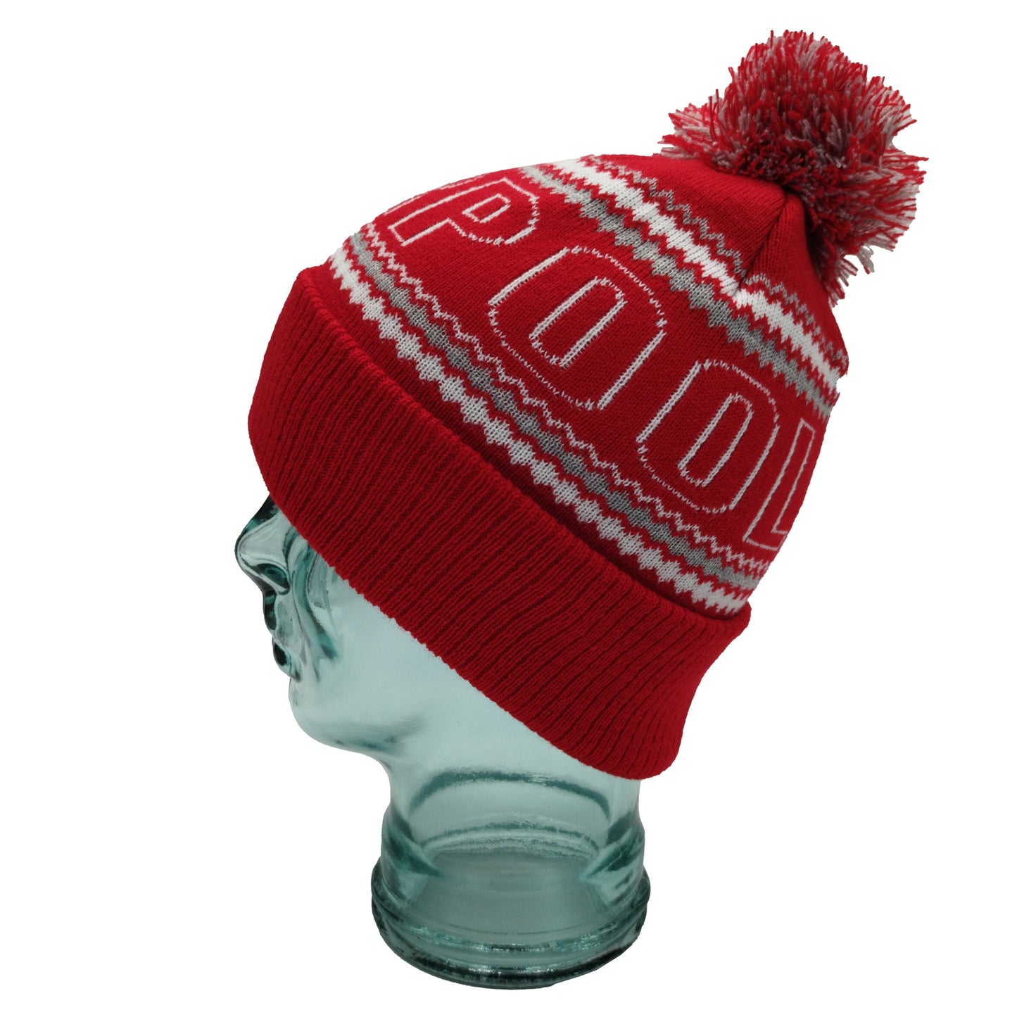 Red, White & Grey Liverpool Outline Bobble Hat Ribbed Cuff