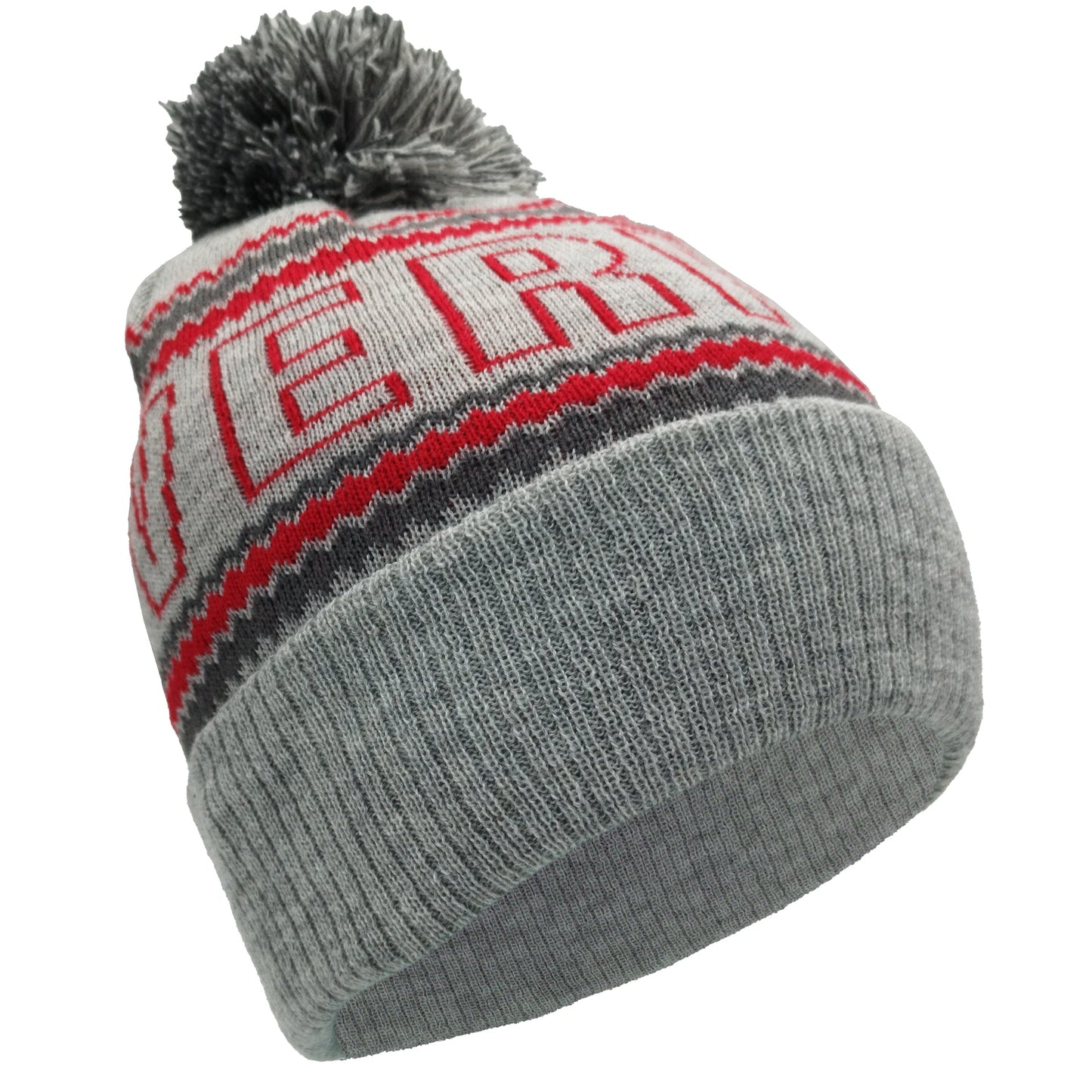 Grey & Red Liverpool Outline Bobble Hat Ribbed Cuff