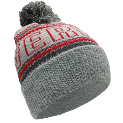 Grey & Red Liverpool Outline Bobble Hat Ribbed Cuff
