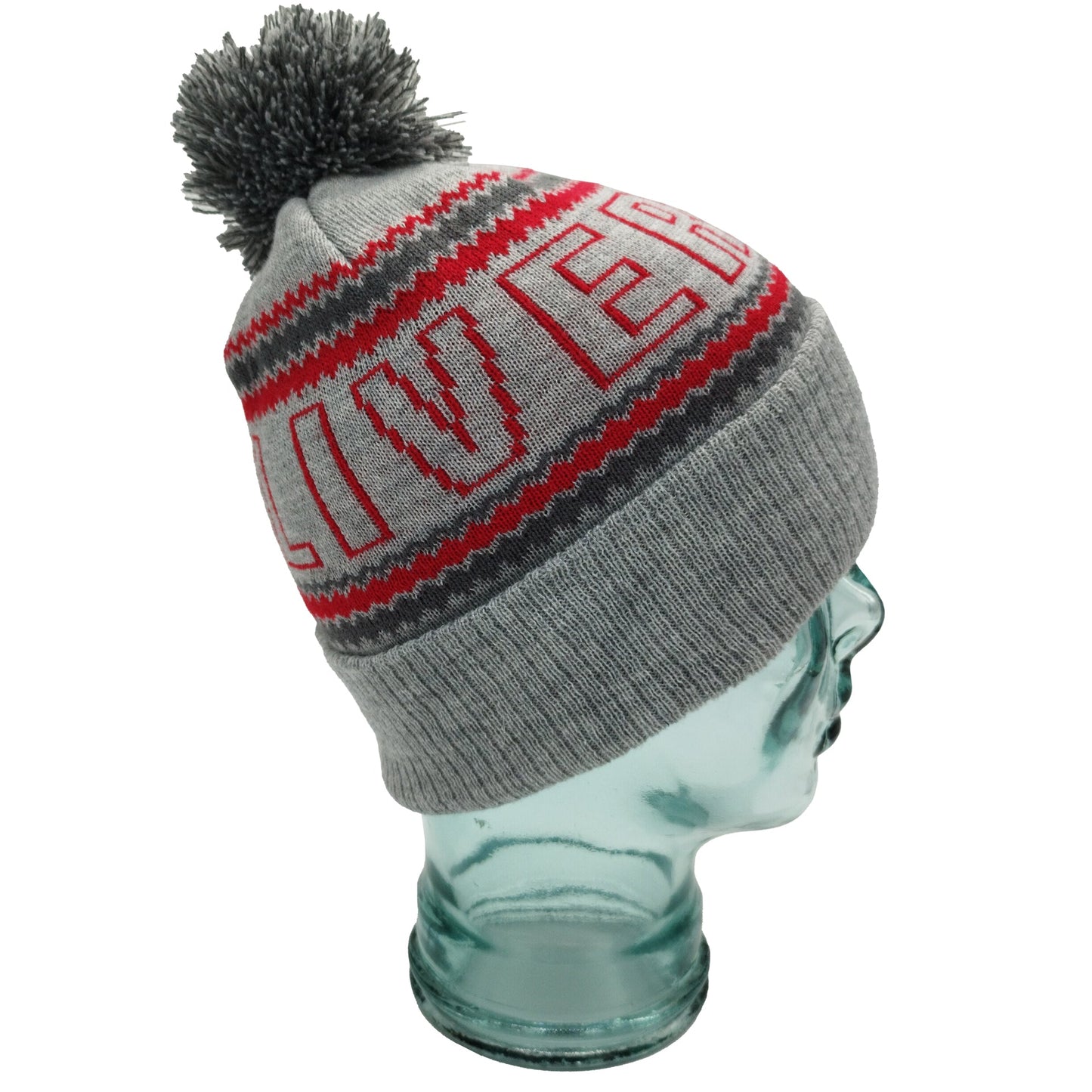 Grey & Red Liverpool Outline Bobble Hat Ribbed Cuff