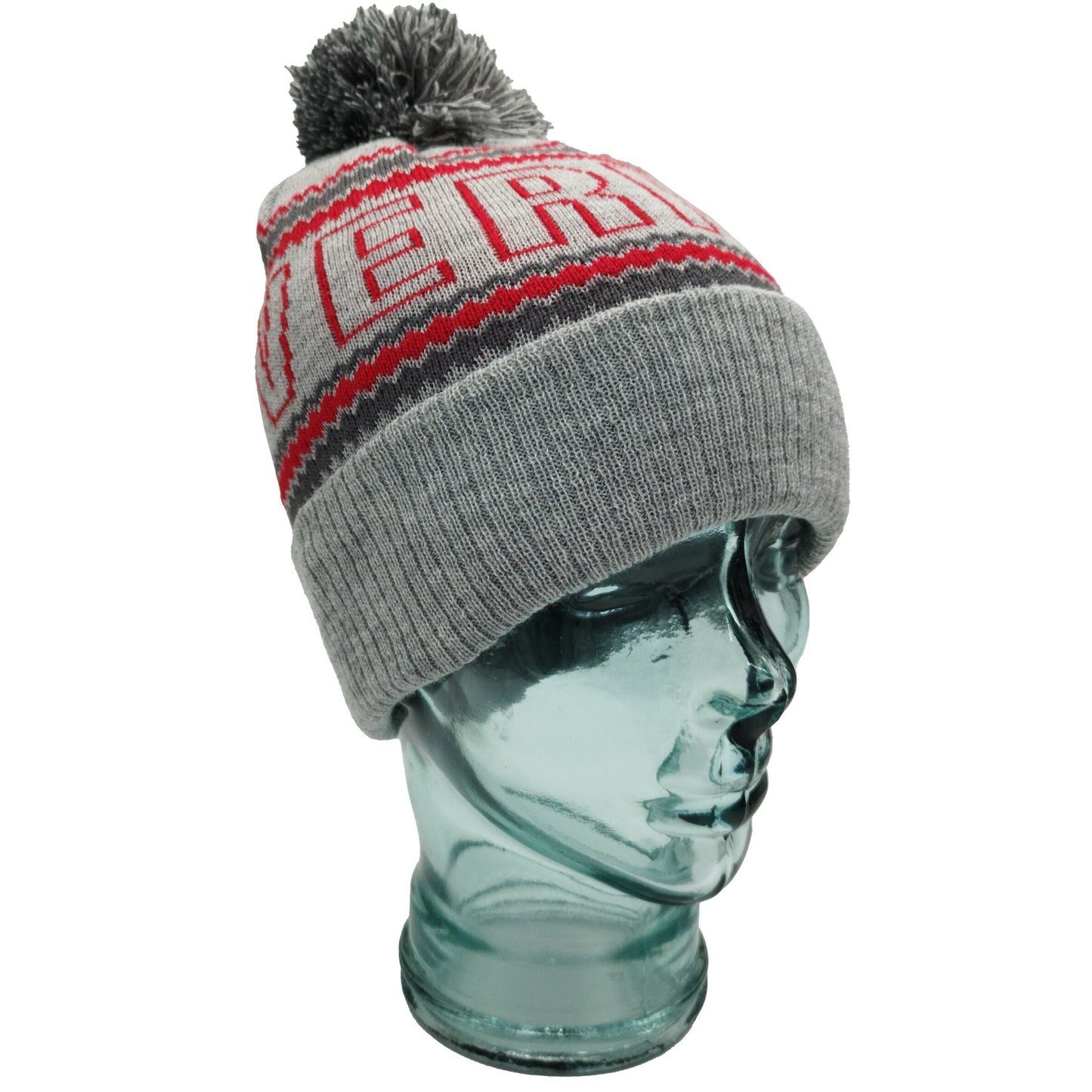 Grey & Red Liverpool Outline Bobble Hat Ribbed Cuff