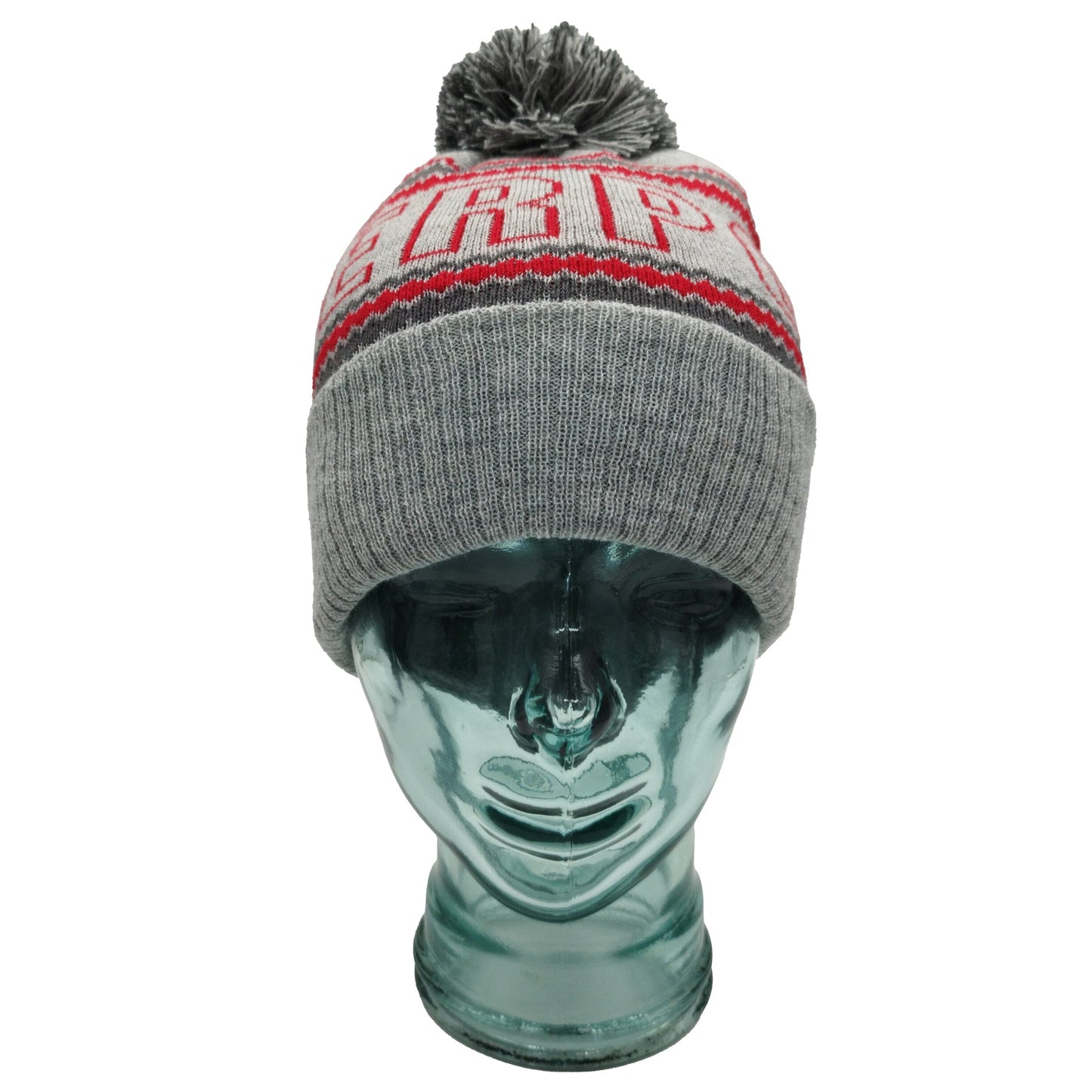 Grey & Red Liverpool Outline Bobble Hat Ribbed Cuff