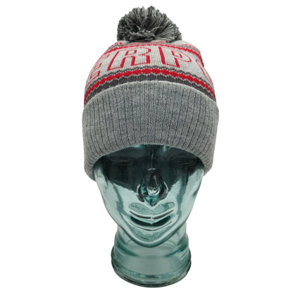 Grey & Red Liverpool Outline Bobble Hat Ribbed Cuff