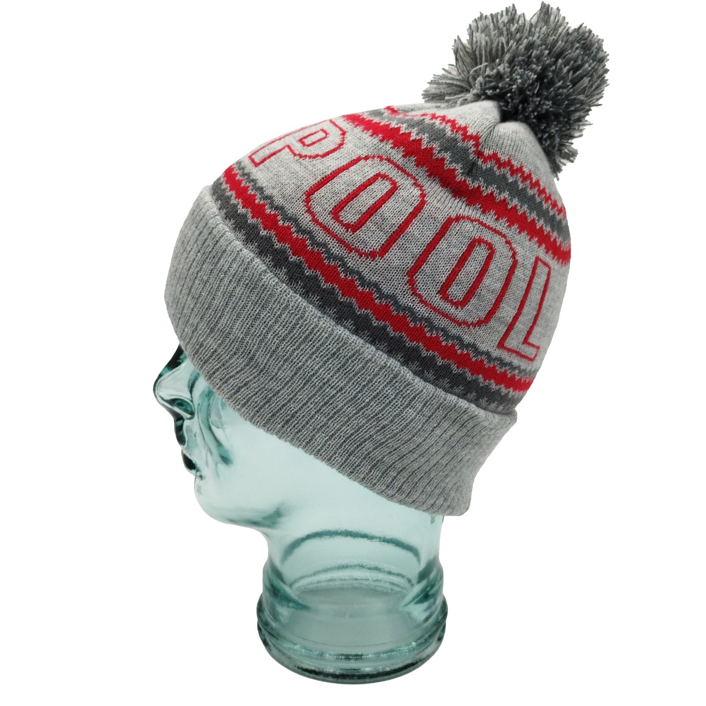 Grey & Red Liverpool Outline Bobble Hat Ribbed Cuff