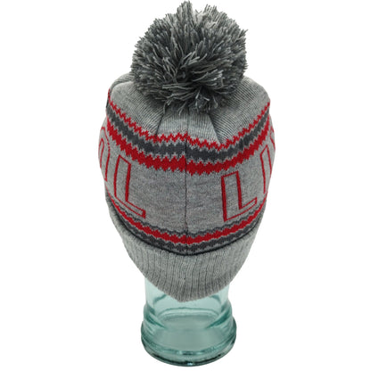 Grey & Red Liverpool Outline Bobble Hat Ribbed Cuff