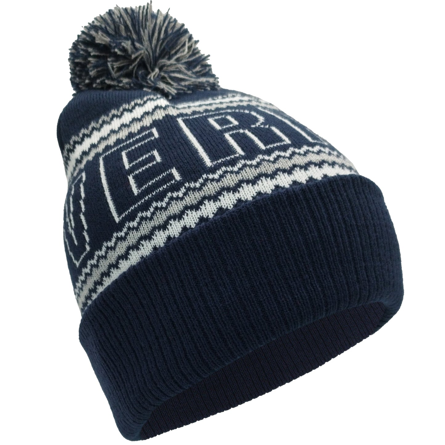Navy, White & Grey Liverpool Outline Bobble Hat Ribbed Cuff