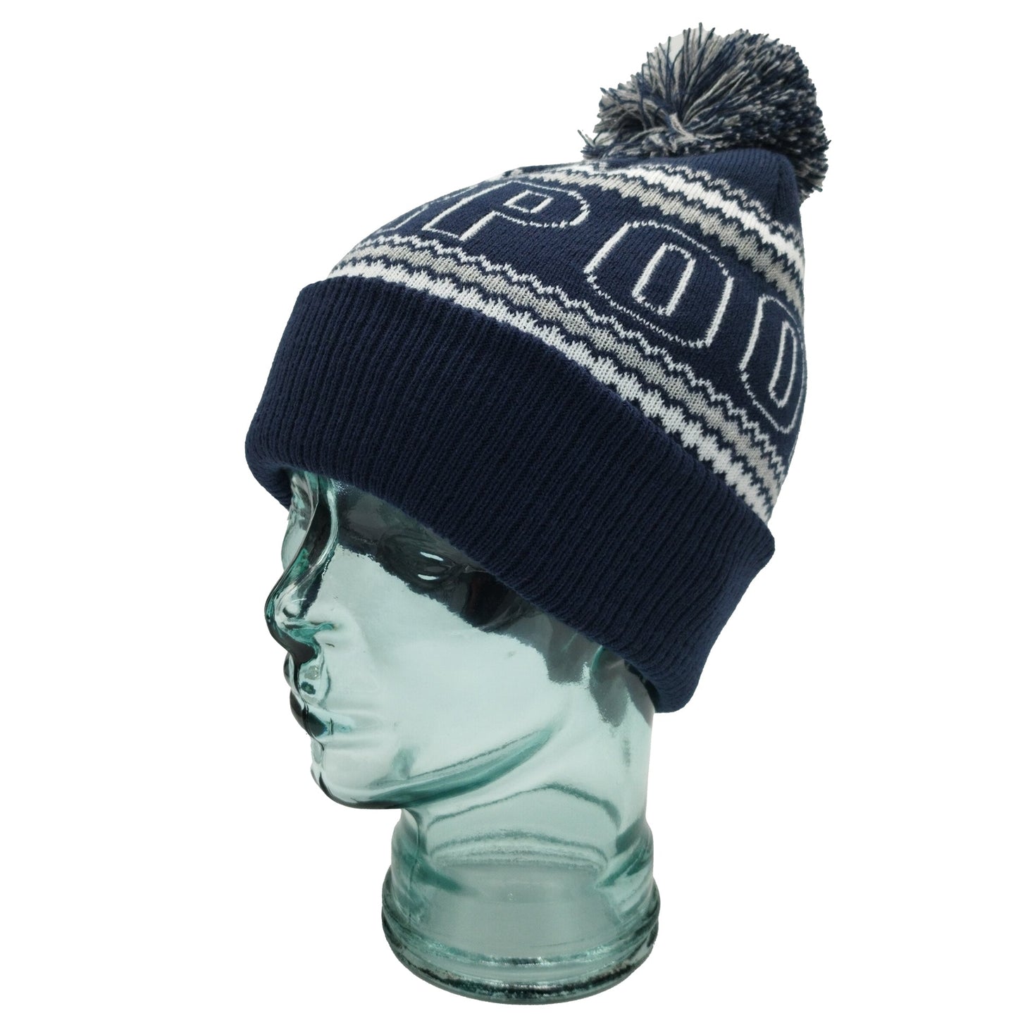 Navy, White & Grey Liverpool Outline Bobble Hat Ribbed Cuff