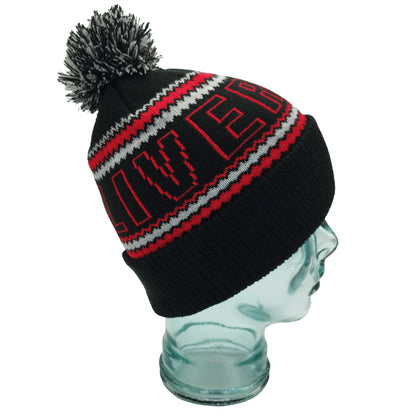 Black, Red & Grey Liverpool Outline Bobble Hat Ribbed Cuff