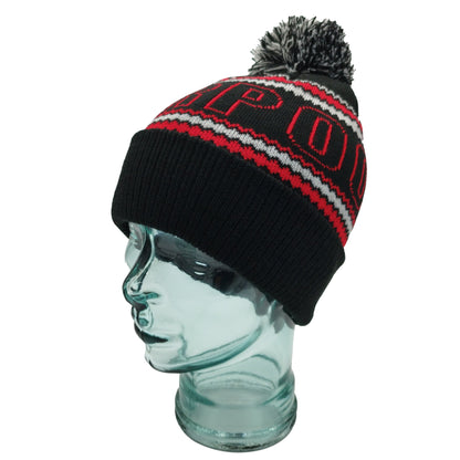 Black, Red & Grey Liverpool Outline Bobble Hat Ribbed Cuff