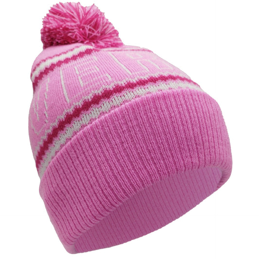 Pink, White & Magenta Liverpool Outline Bobble Hat Ribbed Cuff