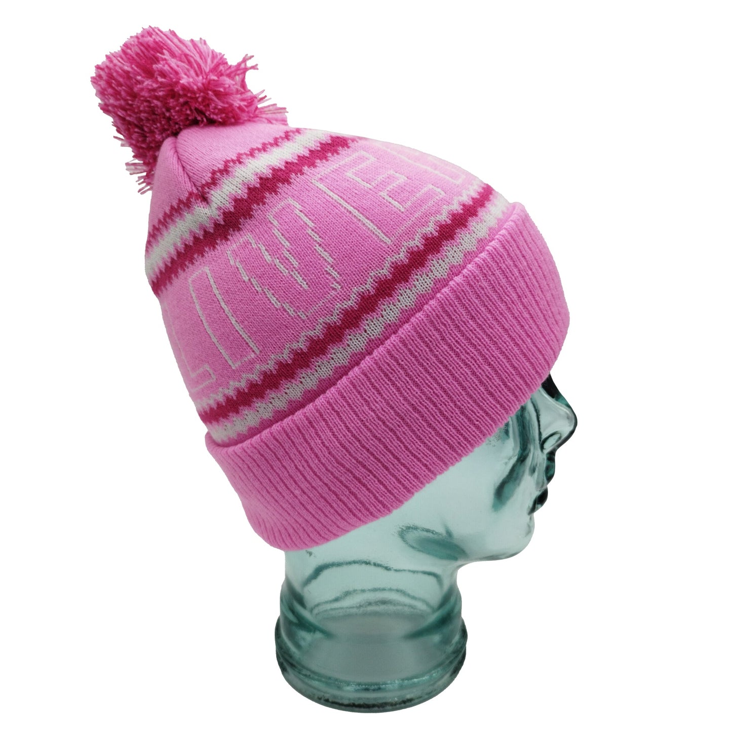 Pink, White & Magenta Liverpool Outline Bobble Hat Ribbed Cuff