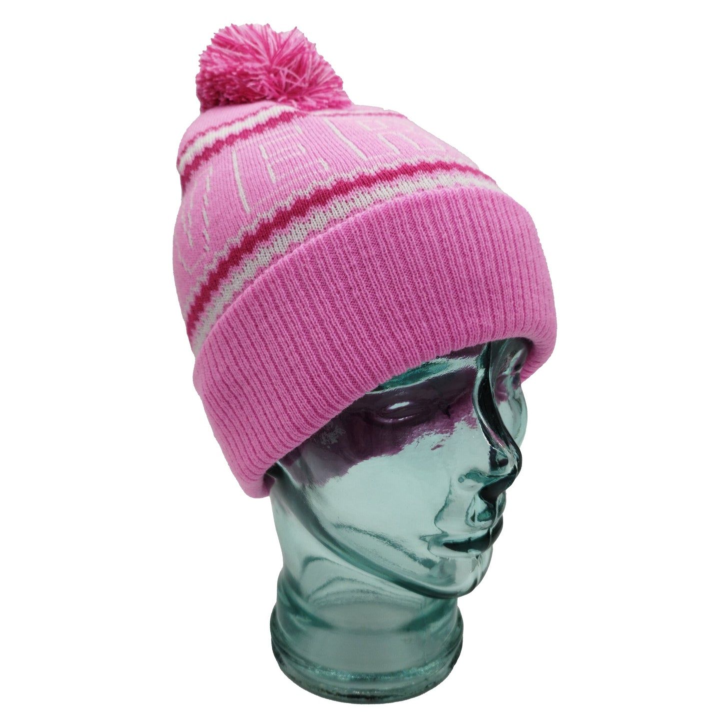 Pink, White & Magenta Liverpool Outline Bobble Hat Ribbed Cuff