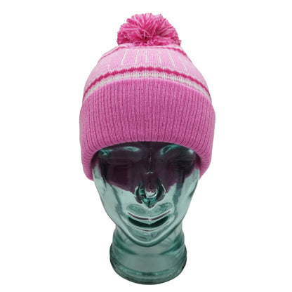 Pink, White & Magenta Liverpool Outline Bobble Hat Ribbed Cuff