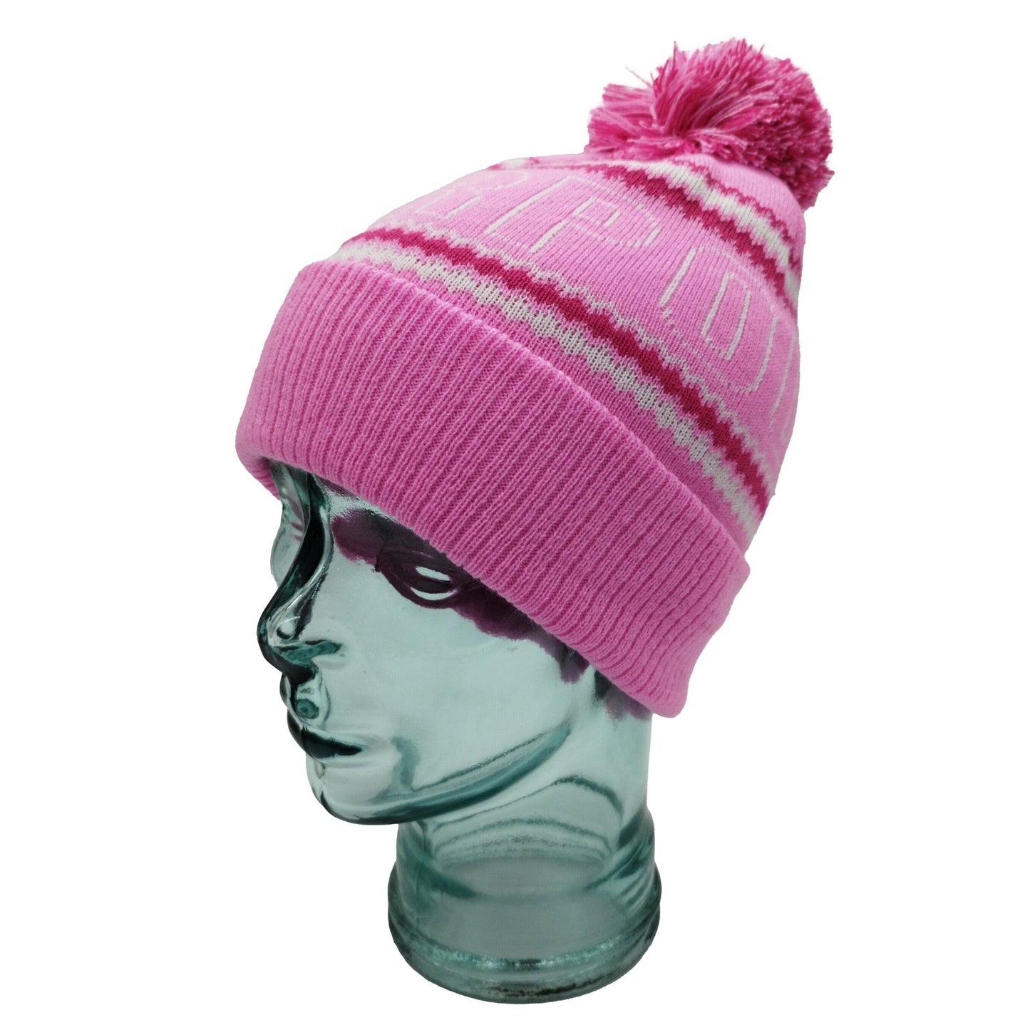 Pink, White & Magenta Liverpool Outline Bobble Hat Ribbed Cuff