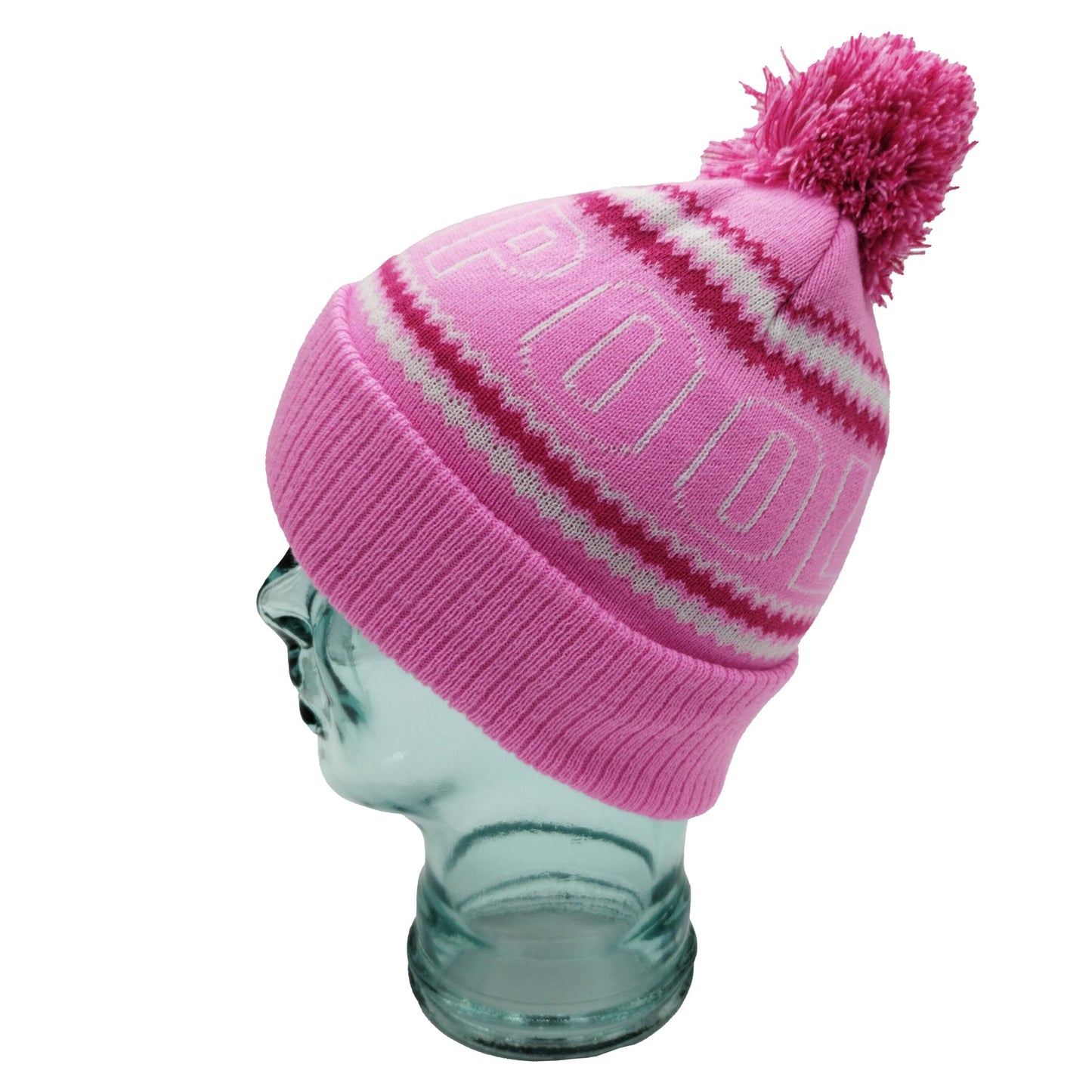 Pink, White & Magenta Liverpool Outline Bobble Hat Ribbed Cuff